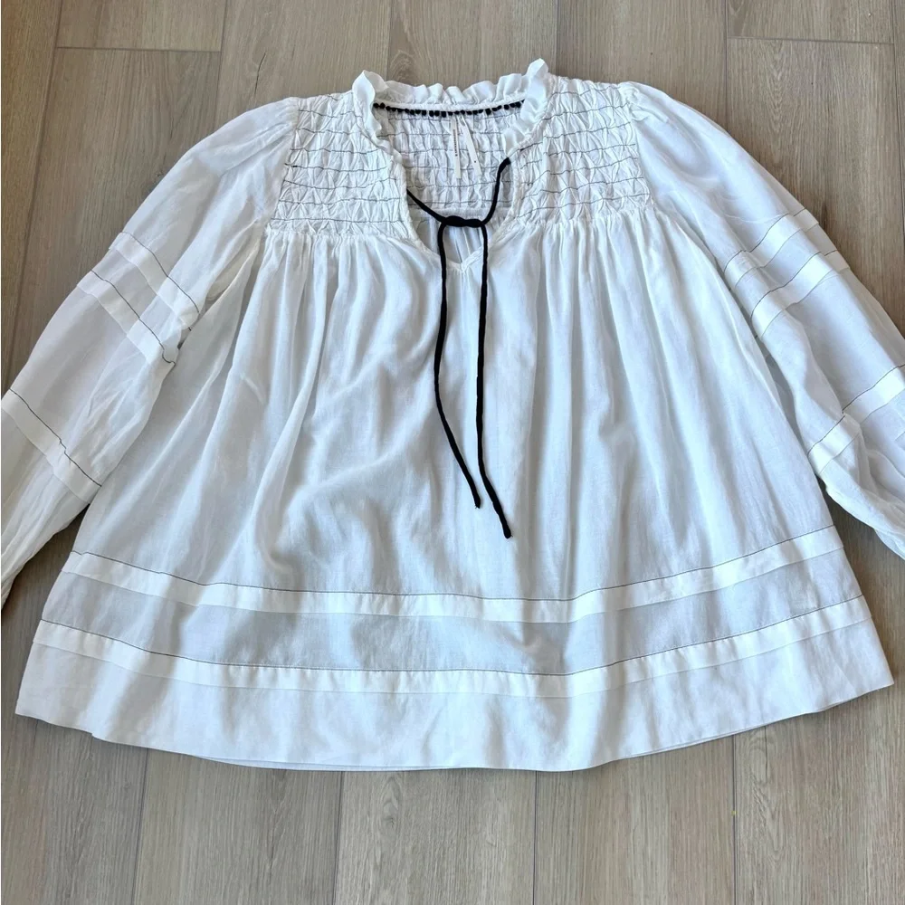 Anthropologie Long-Sleeve White Airy Babydoll smocked Blouse Sz M Boho Peasant - Picture 6 of 13